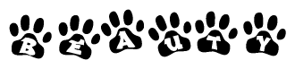 The image shows a series of animal paw prints arranged in a horizontal line. Each paw print contains a letter, and together they spell out the word Beauty.
