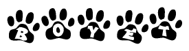 The image shows a series of animal paw prints arranged in a horizontal line. Each paw print contains a letter, and together they spell out the word Boyet.