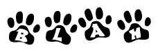 The image shows a series of animal paw prints arranged in a horizontal line. Each paw print contains a letter, and together they spell out the word Blah.