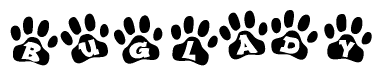 The image shows a row of animal paw prints, each containing a letter. The letters spell out the word Buglady within the paw prints.
