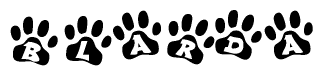 The image shows a row of animal paw prints, each containing a letter. The letters spell out the word Blarda within the paw prints.