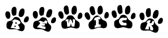 The image shows a series of animal paw prints arranged horizontally. Within each paw print, there's a letter; together they spell Bewick