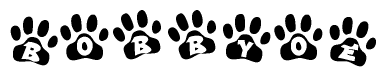 The image shows a series of animal paw prints arranged in a horizontal line. Each paw print contains a letter, and together they spell out the word Bobbyoe.