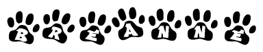 The image shows a series of animal paw prints arranged horizontally. Within each paw print, there's a letter; together they spell Breanne