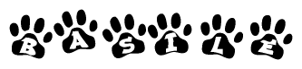 The image shows a row of animal paw prints, each containing a letter. The letters spell out the word Basile within the paw prints.