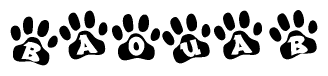 The image shows a series of animal paw prints arranged horizontally. Within each paw print, there's a letter; together they spell Baouab