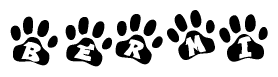 The image shows a series of animal paw prints arranged horizontally. Within each paw print, there's a letter; together they spell Bermi