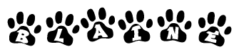 The image shows a series of animal paw prints arranged horizontally. Within each paw print, there's a letter; together they spell Blaine