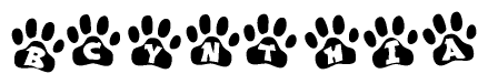 The image shows a series of animal paw prints arranged horizontally. Within each paw print, there's a letter; together they spell Bcynthia