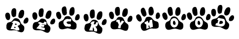 The image shows a series of animal paw prints arranged horizontally. Within each paw print, there's a letter; together they spell Beckyhood