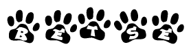 The image shows a row of animal paw prints, each containing a letter. The letters spell out the word Betse within the paw prints.