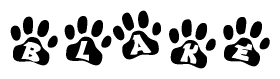 The image shows a series of animal paw prints arranged in a horizontal line. Each paw print contains a letter, and together they spell out the word Blake.