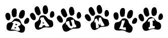 The image shows a series of animal paw prints arranged in a horizontal line. Each paw print contains a letter, and together they spell out the word Baumli.