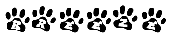 The image shows a row of animal paw prints, each containing a letter. The letters spell out the word Breeze within the paw prints.