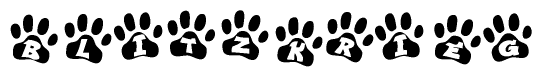 The image shows a series of animal paw prints arranged in a horizontal line. Each paw print contains a letter, and together they spell out the word Blitzkrieg.