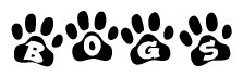 The image shows a row of animal paw prints, each containing a letter. The letters spell out the word Bogs within the paw prints.