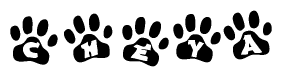 The image shows a series of animal paw prints arranged in a horizontal line. Each paw print contains a letter, and together they spell out the word Cheya.