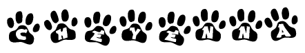 The image shows a row of animal paw prints, each containing a letter. The letters spell out the word Cheyenna within the paw prints.