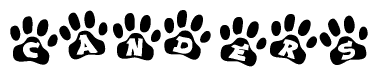 The image shows a series of animal paw prints arranged in a horizontal line. Each paw print contains a letter, and together they spell out the word Canders.