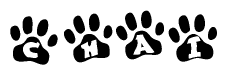 The image shows a series of animal paw prints arranged in a horizontal line. Each paw print contains a letter, and together they spell out the word Chai.