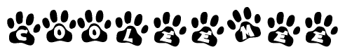 The image shows a series of animal paw prints arranged in a horizontal line. Each paw print contains a letter, and together they spell out the word Cooleemee.