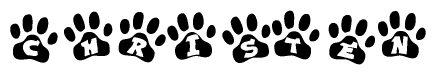 The image shows a series of animal paw prints arranged in a horizontal line. Each paw print contains a letter, and together they spell out the word Christen.