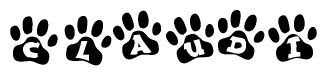 The image shows a series of animal paw prints arranged in a horizontal line. Each paw print contains a letter, and together they spell out the word Claudi.