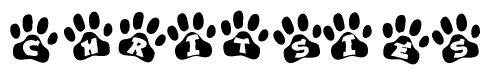 The image shows a series of animal paw prints arranged in a horizontal line. Each paw print contains a letter, and together they spell out the word Chritsies.