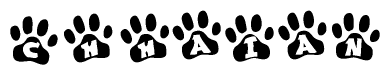 The image shows a series of animal paw prints arranged in a horizontal line. Each paw print contains a letter, and together they spell out the word Chhaian.