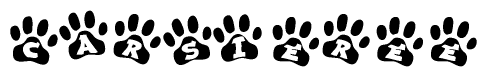The image shows a series of animal paw prints arranged in a horizontal line. Each paw print contains a letter, and together they spell out the word Carsieree.