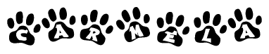 The image shows a series of animal paw prints arranged in a horizontal line. Each paw print contains a letter, and together they spell out the word Carmela.