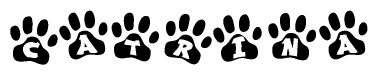 The image shows a series of animal paw prints arranged in a horizontal line. Each paw print contains a letter, and together they spell out the word Catrina.