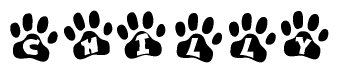 The image shows a series of animal paw prints arranged horizontally. Within each paw print, there's a letter; together they spell Chilly
