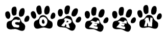 The image shows a series of animal paw prints arranged in a horizontal line. Each paw print contains a letter, and together they spell out the word Coreen.