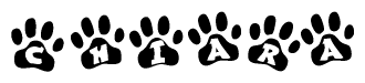 The image shows a series of animal paw prints arranged in a horizontal line. Each paw print contains a letter, and together they spell out the word Chiara.