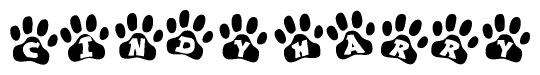   The image shows a series of animal paw prints arranged in a horizontal line. Each paw print contains a letter, and together they spell out the word Cindyharry. 
