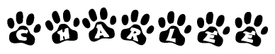The image shows a series of animal paw prints arranged horizontally. Within each paw print, there's a letter; together they spell Charlee