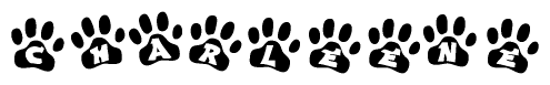 The image shows a series of animal paw prints arranged in a horizontal line. Each paw print contains a letter, and together they spell out the word Charleene.