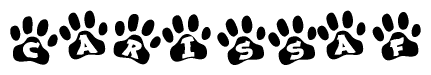 The image shows a row of animal paw prints, each containing a letter. The letters spell out the word Carissaf within the paw prints.