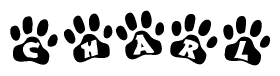 The image shows a series of animal paw prints arranged in a horizontal line. Each paw print contains a letter, and together they spell out the word Charl.