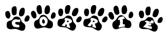 The image shows a series of animal paw prints arranged horizontally. Within each paw print, there's a letter; together they spell Corrie
