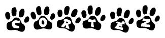 The image shows a series of animal paw prints arranged in a horizontal line. Each paw print contains a letter, and together they spell out the word Cortez.