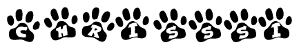 The image shows a series of animal paw prints arranged horizontally. Within each paw print, there's a letter; together they spell Chrisssi