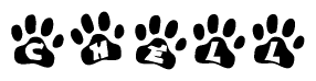 The image shows a row of animal paw prints, each containing a letter. The letters spell out the word Chell within the paw prints.
