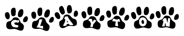 The image shows a series of animal paw prints arranged horizontally. Within each paw print, there's a letter; together they spell Clayton