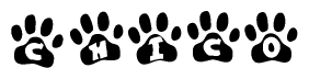 The image shows a series of animal paw prints arranged in a horizontal line. Each paw print contains a letter, and together they spell out the word Chico.