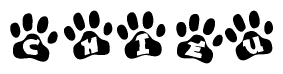 The image shows a row of animal paw prints, each containing a letter. The letters spell out the word Chieu within the paw prints.