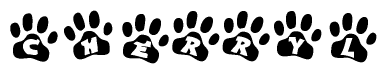 The image shows a row of animal paw prints, each containing a letter. The letters spell out the word Cherryl within the paw prints.