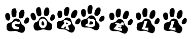 The image shows a series of animal paw prints arranged in a horizontal line. Each paw print contains a letter, and together they spell out the word Cordell.