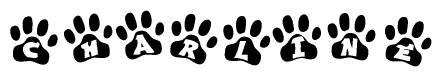 The image shows a row of animal paw prints, each containing a letter. The letters spell out the word Charline within the paw prints.